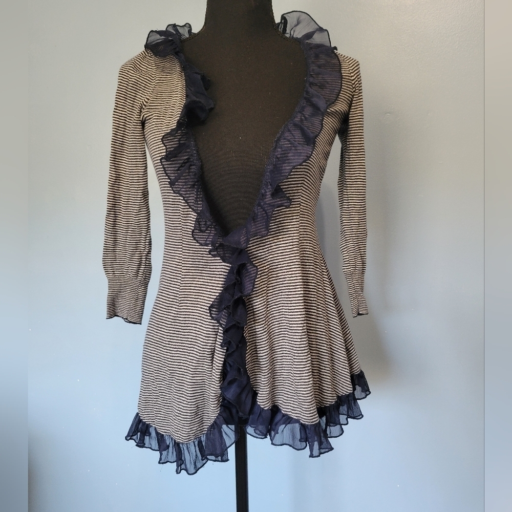 Anthro Guinevere Ruffle Striped Cardigan Size XS Blue